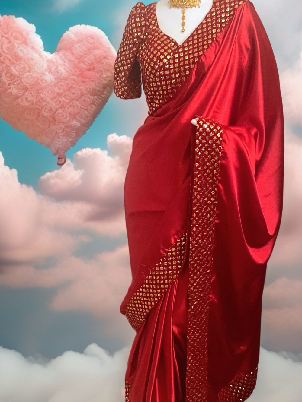 Red Satin ready to wear Saree with Gold Embellished Border